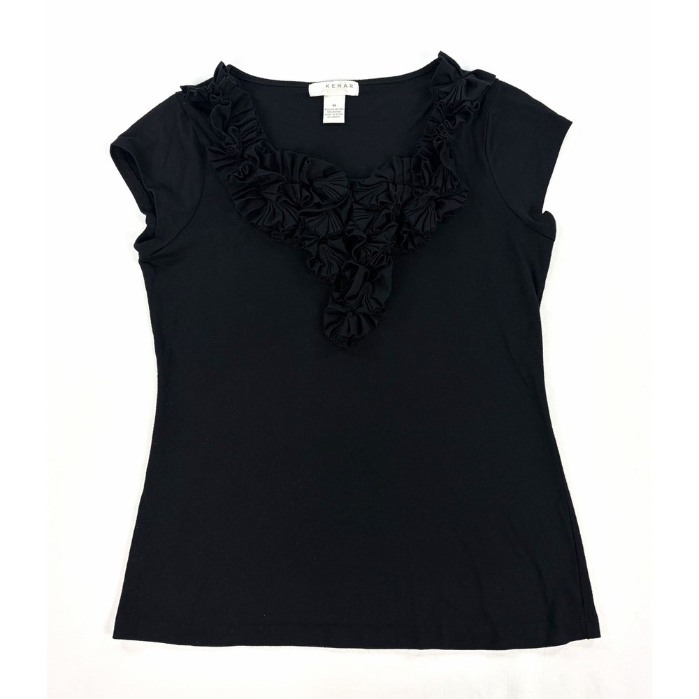 Vintage Kenar Women's M Black Ruffle Neck Cap Sleeve Short Sleeve Top Blouse Y2K